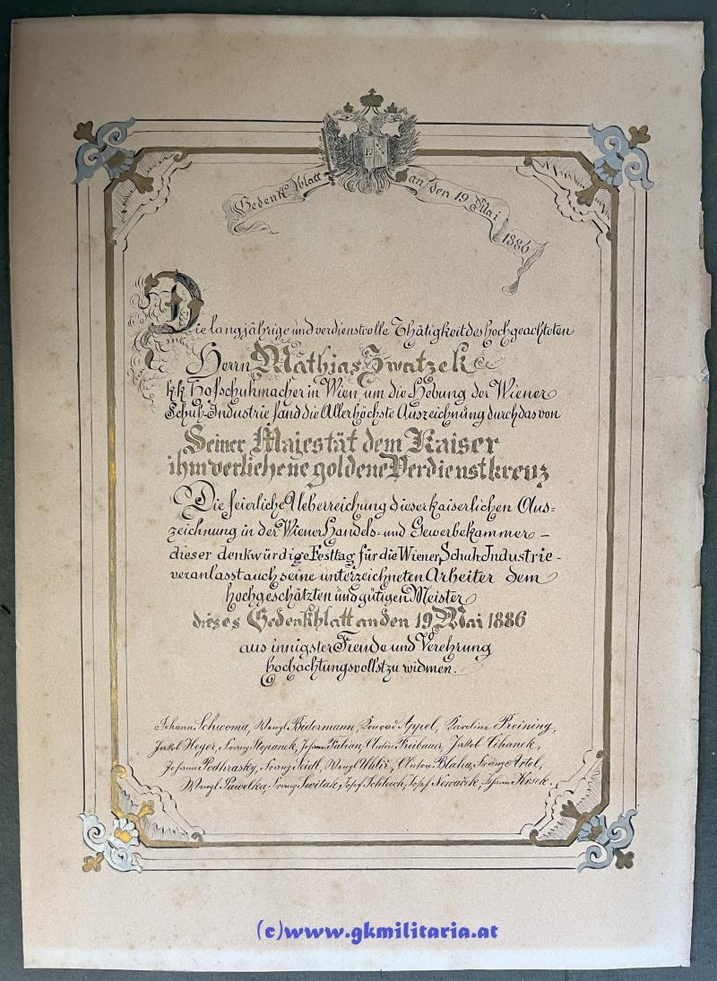 Gedenkblatt/Schmuck-Urkunde zum Goldenen Verdienstkreuz für Matthias Zwatzek! - Handgeschrieben und Gemalt!!