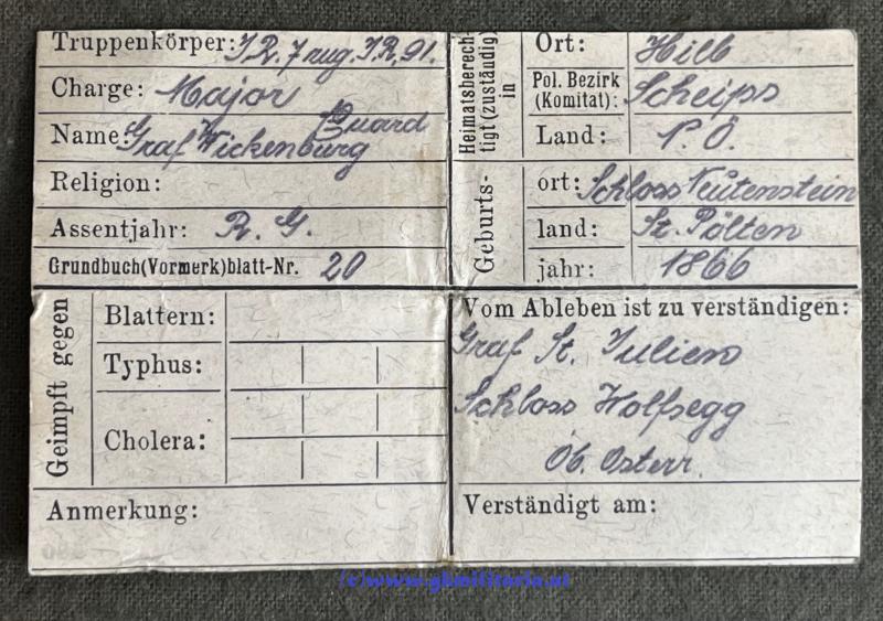 k.u.k. Erkennungsmarke für Offiziere - Kaiser FJ I. - Major Eduard Graf von Wickenburg Inf. Reg. Nr.7/Inf. Reg. 91 !!