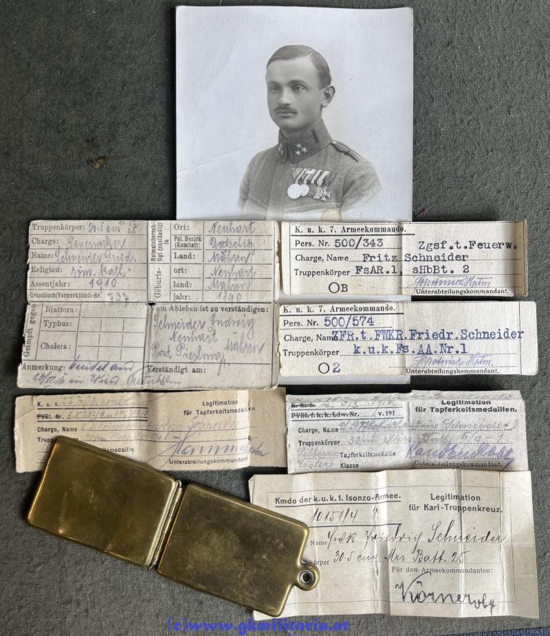 Erkennungsmarke/Legitimation Feuerwerker Friedrich Schneider kuk 30,5cm Mörser-Batterie Nr. 25 - Verleihungsnachlass mit 5x Verleihungen + Portrait!