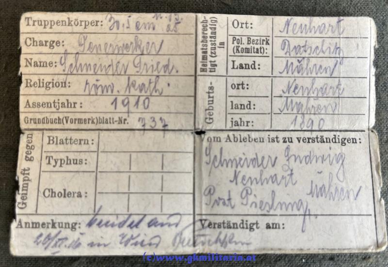 Erkennungsmarke/Legitimation Feuerwerker Friedrich Schneider kuk 30,5cm Mörser-Batterie Nr. 25 - Verleihungsnachlass mit 5x Verleihungen + Portrait!