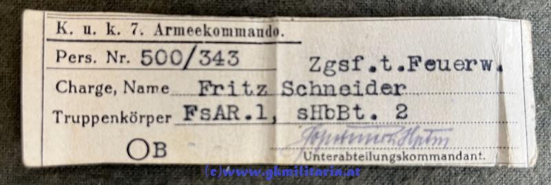 Erkennungsmarke/Legitimation Feuerwerker Friedrich Schneider kuk 30,5cm Mörser-Batterie Nr. 25 - Verleihungsnachlass mit 5x Verleihungen + Portrait!
