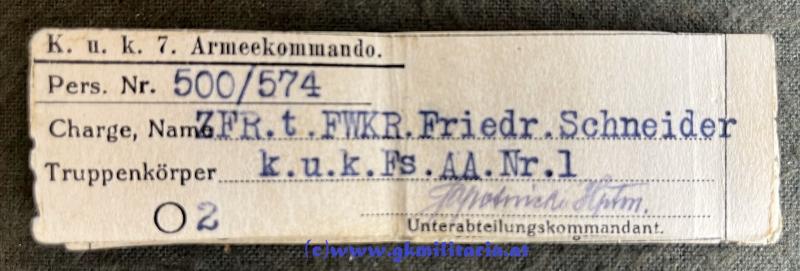 Erkennungsmarke/Legitimation Feuerwerker Friedrich Schneider kuk 30,5cm Mörser-Batterie Nr. 25 - Verleihungsnachlass mit 5x Verleihungen + Portrait!