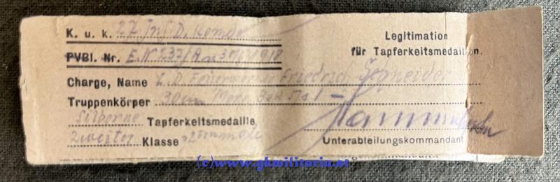 Erkennungsmarke/Legitimation Feuerwerker Friedrich Schneider kuk 30,5cm Mörser-Batterie Nr. 25 - Verleihungsnachlass mit 5x Verleihungen + Portrait!