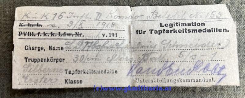 Erkennungsmarke/Legitimation Feuerwerker Friedrich Schneider kuk 30,5cm Mörser-Batterie Nr. 25 - Verleihungsnachlass mit 5x Verleihungen + Portrait!