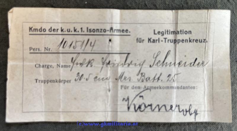 Erkennungsmarke/Legitimation Feuerwerker Friedrich Schneider kuk 30,5cm Mörser-Batterie Nr. 25 - Verleihungsnachlass mit 5x Verleihungen + Portrait!