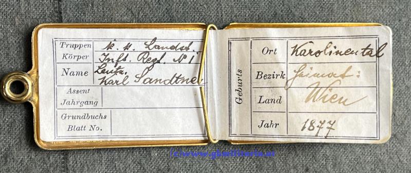 k.u.k. Erkennungsmarke für Offiziere - Kaiser FJ I. - Lt. Sandtner Ldst.-Inf.-Reg. 1 Wien - Variante
