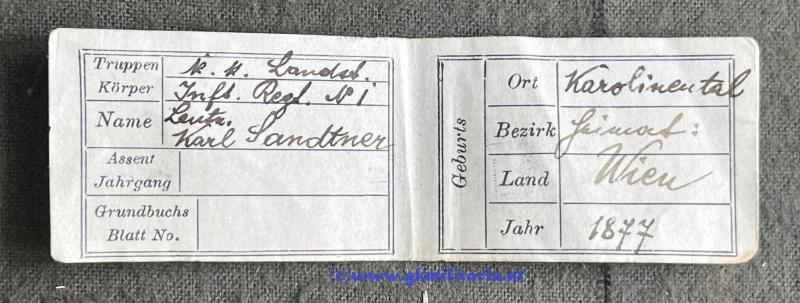 k.u.k. Erkennungsmarke für Offiziere - Kaiser FJ I. - Lt. Sandtner Ldst.-Inf.-Reg. 1 Wien - Variante