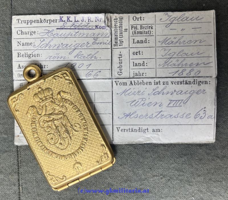 k.u.k. Erkennungsmarke für Offiziere - Kaiser FJ I. - Hptm. Schneider Ldw.-Inf.-Reg. 9