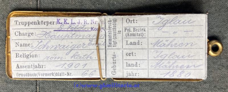 k.u.k. Erkennungsmarke für Offiziere - Kaiser FJ I. - Hptm. Schneider Ldw.-Inf.-Reg. 9