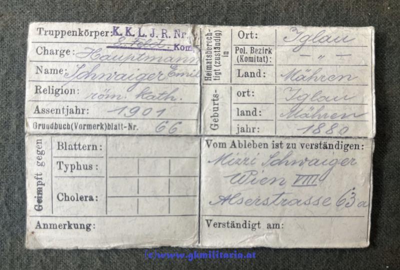 k.u.k. Erkennungsmarke für Offiziere - Kaiser FJ I. - Hptm. Schneider Ldw.-Inf.-Reg. 9