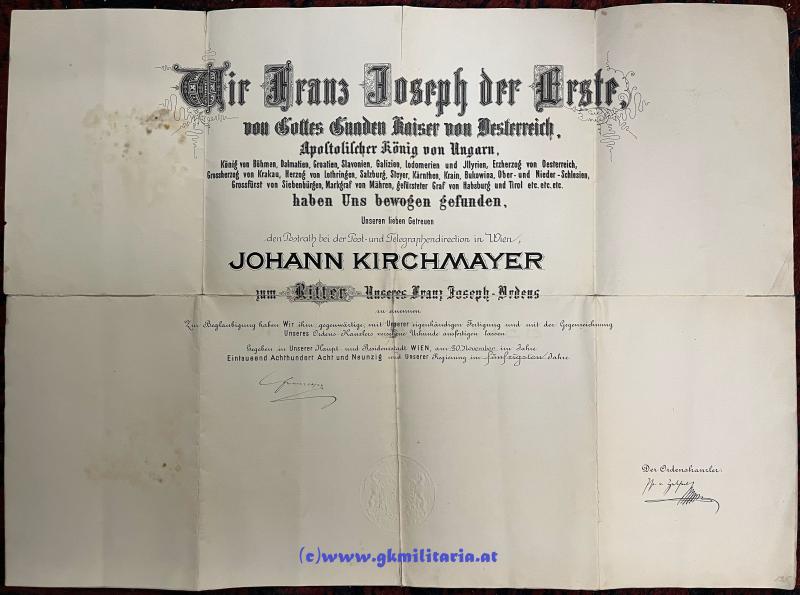 Große k.u.k. Verleihungsurkunde Ritterkreuz Kaiser Franz Joseph-Orden + Statuten!! 1898!!