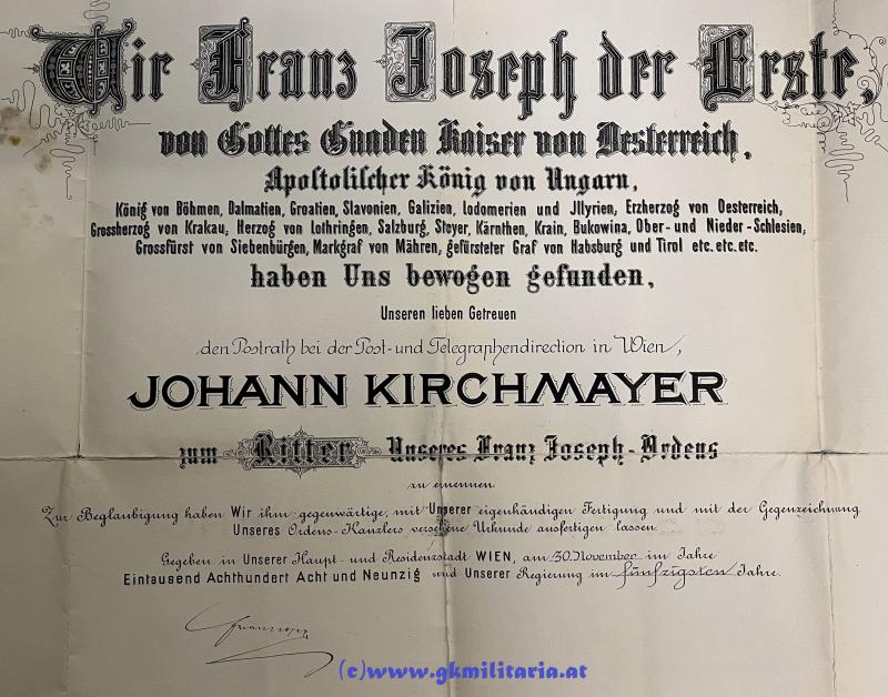 Große k.u.k. Verleihungsurkunde Ritterkreuz Kaiser Franz Joseph-Orden + Statuten!! 1898!!