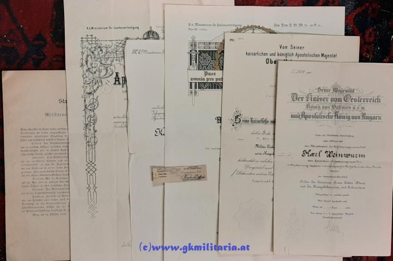 k.u.k. Urkundennachlass Hauptmann Karl Weinwurm Ldst.-Inf.Reg. Nr. 16/Schützenregiment Nr. 16