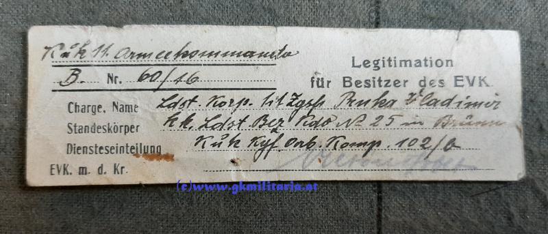 k.u.k. Legitimation Zugsführer Wladimier Prnka K.u.k. Kg.Arb.Abt. Nr. 102/b - Wachdienst Bau Fleimstalbahn!