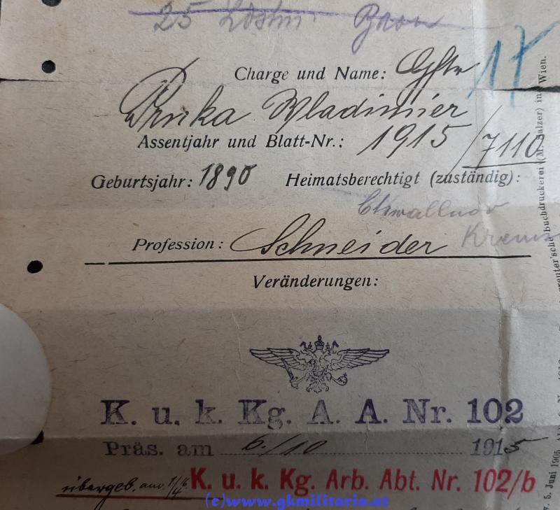 k.u.k. Legitimation Zugsführer Wladimier Prnka K.u.k. Kg.Arb.Abt. Nr. 102/b - Wachdienst Bau Fleimstalbahn!