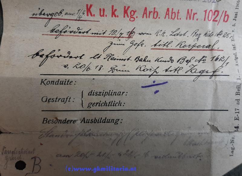 k.u.k. Legitimation Zugsführer Wladimier Prnka K.u.k. Kg.Arb.Abt. Nr. 102/b - Wachdienst Bau Fleimstalbahn!