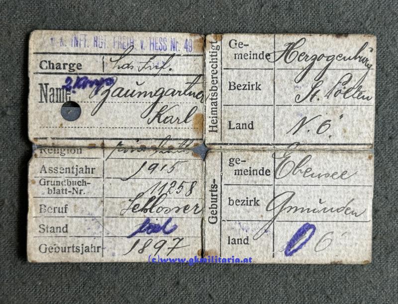 k.u.k. Legitimation/Erkennungsmarke - Infanterie - Regiment