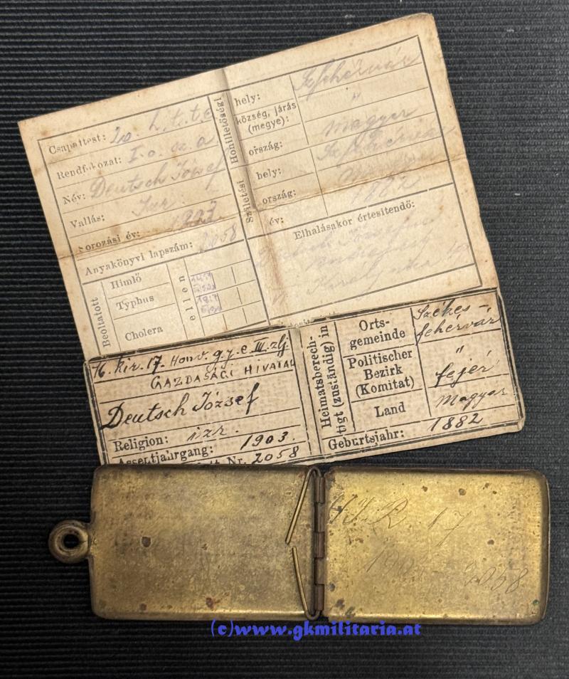 k.u.k. Legitimation/Erkennungsmarke für jüdischen (izr.) Soldaten - Székesfehérvárer Landwehr-Infanterieregiment Nr.17/Székesfehérvári 17. honvéd gyalogezred!!