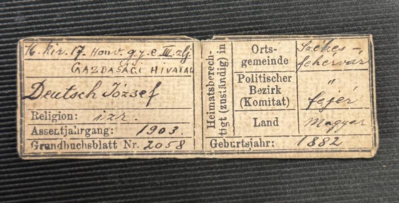 k.u.k. Legitimation/Erkennungsmarke für jüdischen (izr.) Soldaten - Székesfehérvárer Landwehr-Infanterieregiment Nr.17/Székesfehérvári 17. honvéd gyalogezred!!