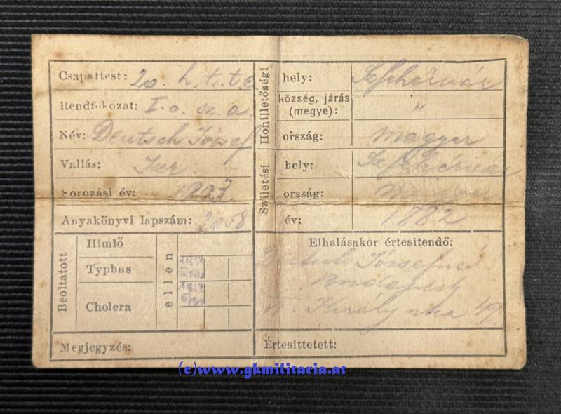 k.u.k. Legitimation/Erkennungsmarke für jüdischen (izr.) Soldaten - Székesfehérvárer Landwehr-Infanterieregiment Nr.17/Székesfehérvári 17. honvéd gyalogezred!!