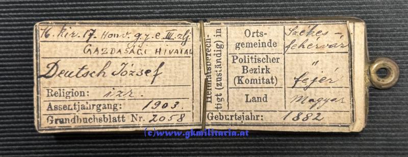 k.u.k. Legitimation/Erkennungsmarke für jüdischen (izr.) Soldaten - Székesfehérvárer Landwehr-Infanterieregiment Nr.17/Székesfehérvári 17. honvéd gyalogezred!!