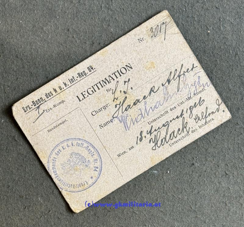 Legitmation k.u.k. Infanterieregiment „Freiherr von Bolfras“ Nr. 84!!