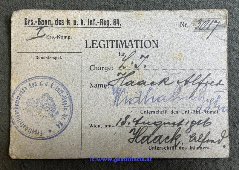 Legitmation k.u.k. Infanterieregiment „Freiherr von Bolfras“ Nr. 84!!