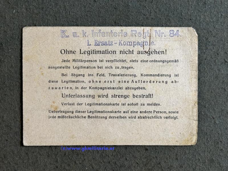 Legitmation k.u.k. Infanterieregiment „Freiherr von Bolfras“ Nr. 84!!