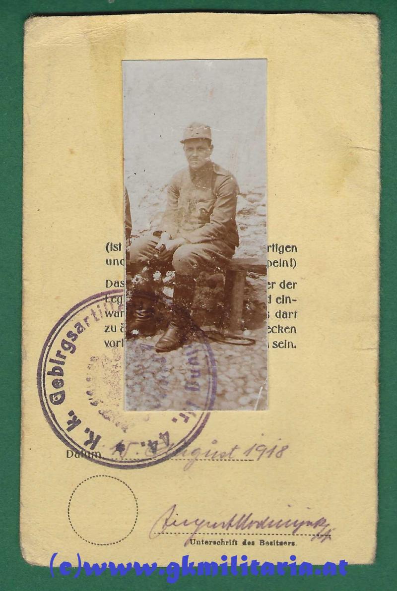 k.u.k. Legitimation Leutnant August MODRINJAK k.u.k. Gebirgs-Artillerie-Regiment Nr. 3 VILLACH!!