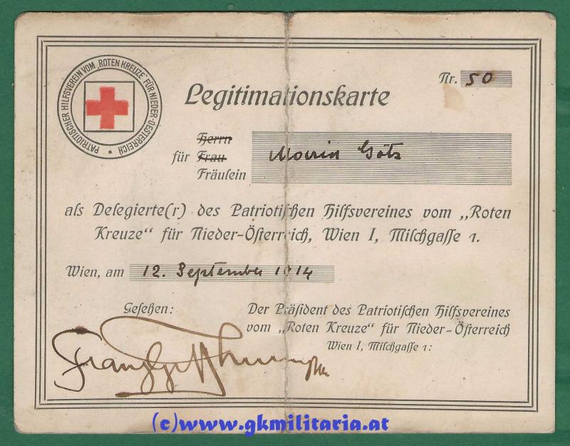Legitimationskarte für Frl. Monik Götz als Delegierte Patriotischer Hilfsverein vom