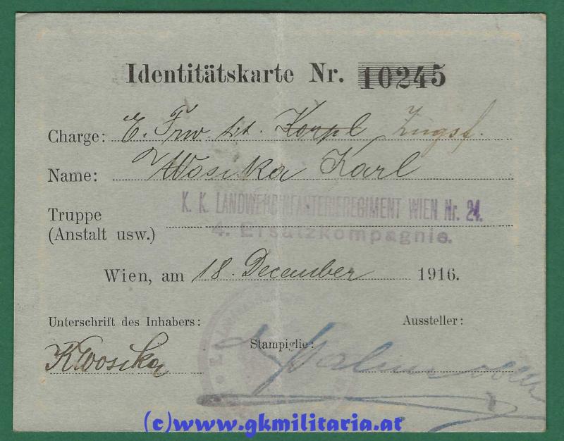 k.k. Identitätskarte Einjährig-Freiwilliger tit. Zugsführer Karl Wosika - k.k.Landwehr-Infanterie-Regiment Wien Nr. 24 !!