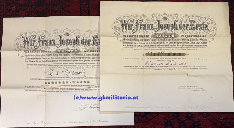 k.u.k. Generalmajor.- & Feldmarschalleutnantspatent für k.k. FML EMIL SANDMANN Kmdt. 14. Infanterie-Brigade!!