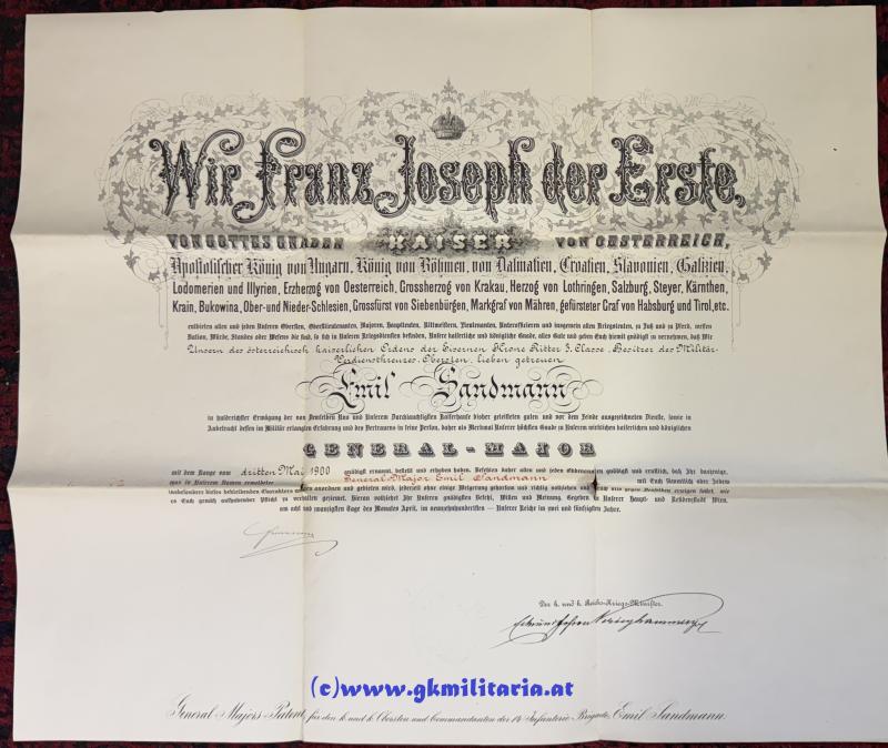 k.u.k. Generalmajor.- & Feldmarschalleutnantspatent für k.k. FML EMIL SANDMANN Kmdt. 14. Infanterie-Brigade!!