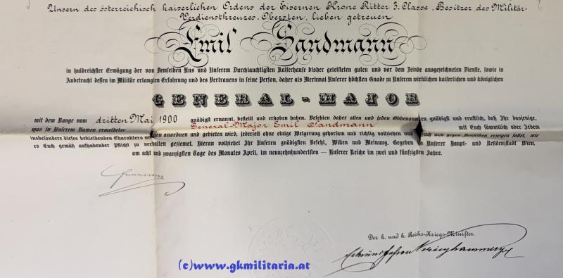 k.u.k. Generalmajor.- & Feldmarschalleutnantspatent für k.k. FML EMIL SANDMANN Kmdt. 14. Infanterie-Brigade!!