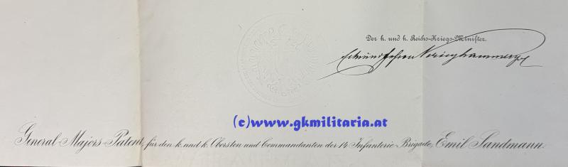 k.u.k. Generalmajor.- & Feldmarschalleutnantspatent für k.k. FML EMIL SANDMANN Kmdt. 14. Infanterie-Brigade!!