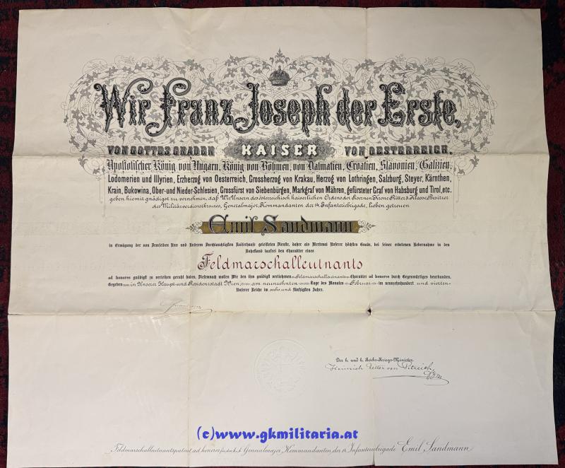k.u.k. Generalmajor.- & Feldmarschalleutnantspatent für k.k. FML EMIL SANDMANN Kmdt. 14. Infanterie-Brigade!!