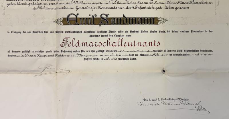 k.u.k. Generalmajor.- & Feldmarschalleutnantspatent für k.k. FML EMIL SANDMANN Kmdt. 14. Infanterie-Brigade!!