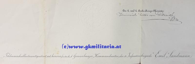 k.u.k. Generalmajor.- & Feldmarschalleutnantspatent für k.k. FML EMIL SANDMANN Kmdt. 14. Infanterie-Brigade!!