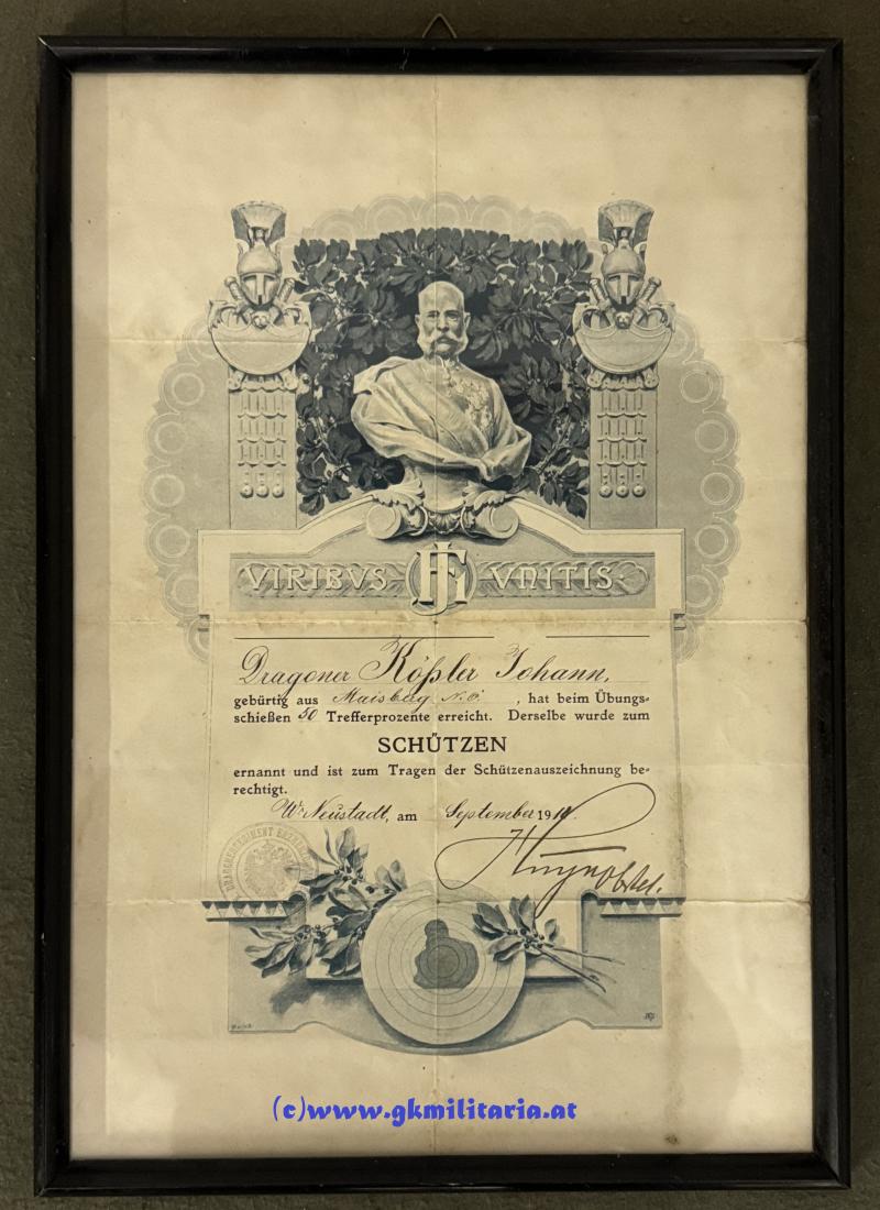 Urkunde für die k.u.k. Kavallerie-Schützenauszeichnung - k.u.k. Dragoner-Regiment Erzherzog Joseph Nr. 15 Wiener Neustadt!