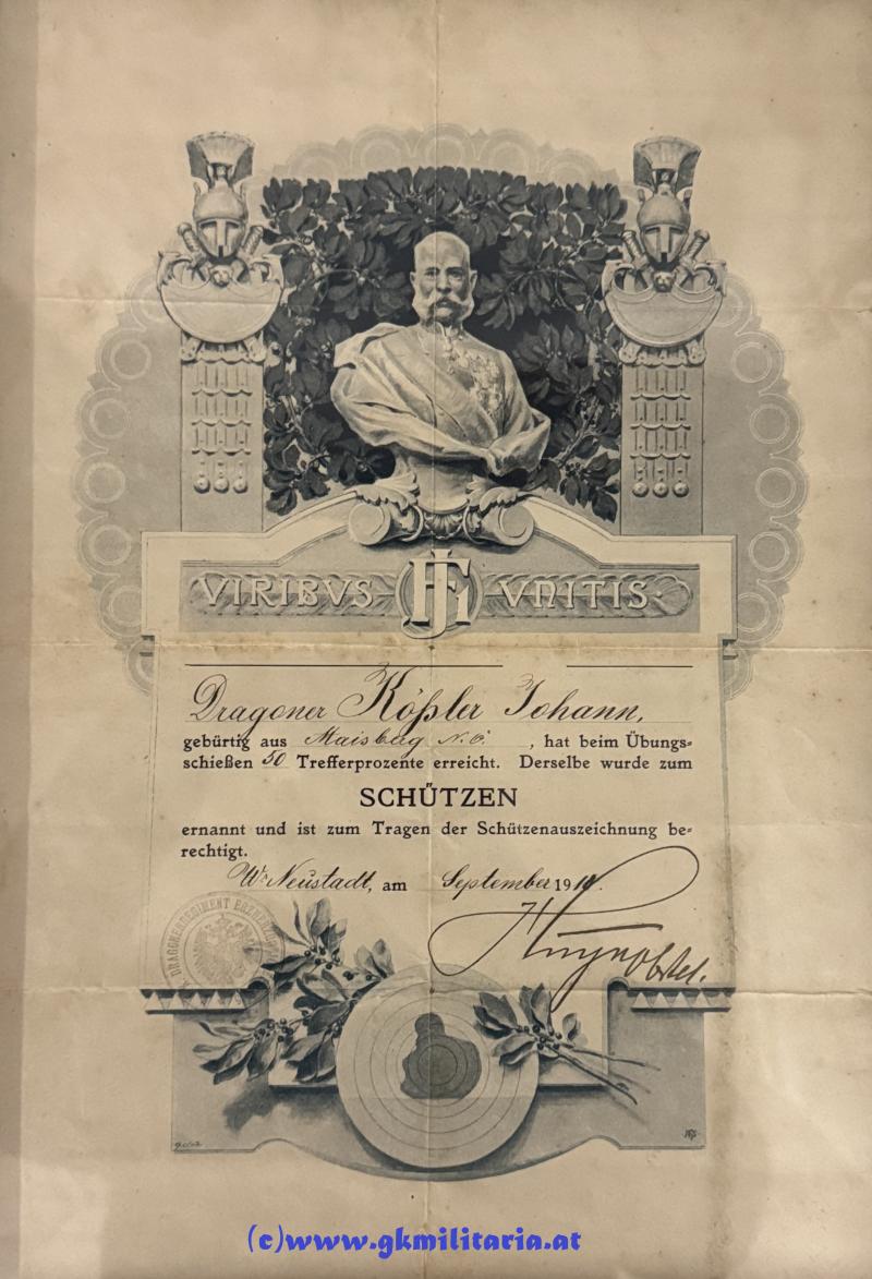 Urkunde für die k.u.k. Kavallerie-Schützenauszeichnung - k.u.k. Dragoner-Regiment Erzherzog Joseph Nr. 15 Wiener Neustadt!