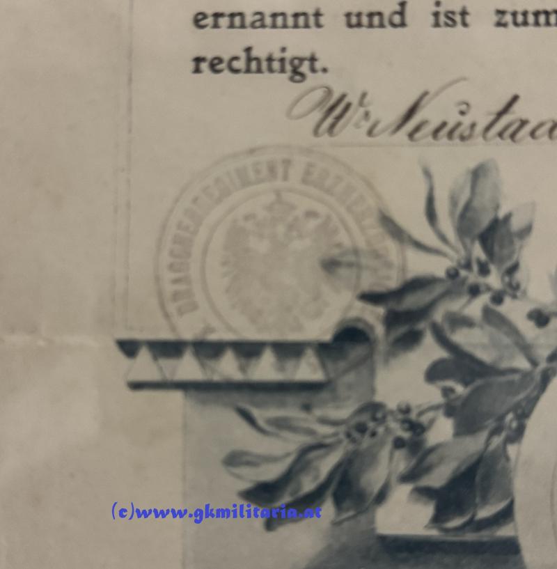 Urkunde für die k.u.k. Kavallerie-Schützenauszeichnung - k.u.k. Dragoner-Regiment Erzherzog Joseph Nr. 15 Wiener Neustadt!