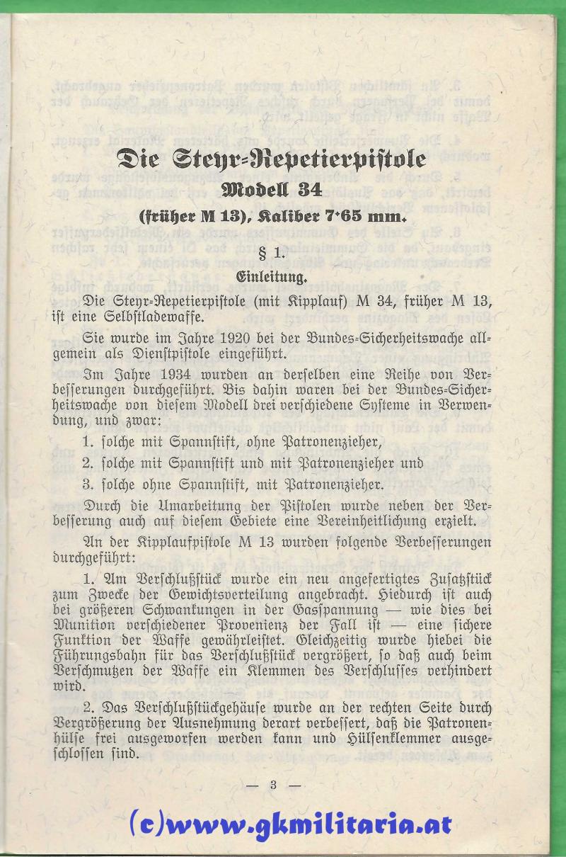 Instruktion über die Einrichtung und Verwendung der STEYR Repetierpistole Modell 34 (mit Kipplauf) - Bundespolizei-Direktion Wien 1936 !!
