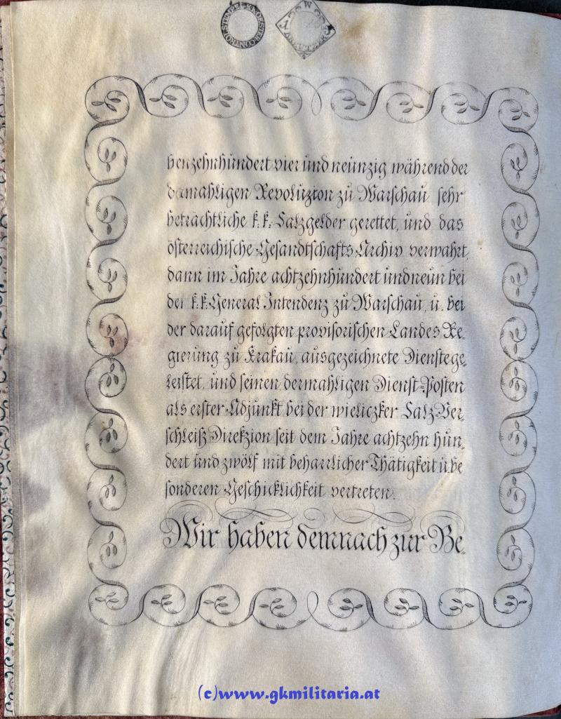 k.u.k. Adelsdiplom 1815 für Aloys Palkle von Palklay - Kaiser Franz I. von Österreich 1815 - Polen - Warschau - Salzverschleiss Direction Wieliczka!!