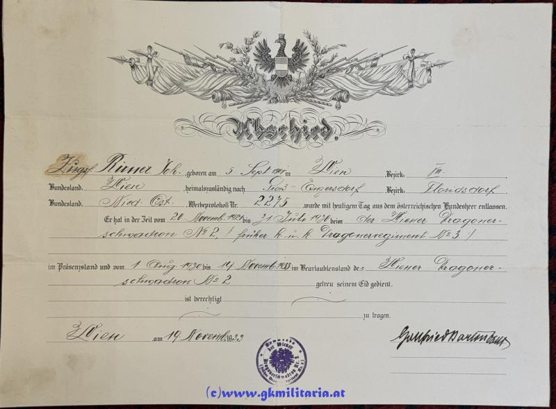Abschied-Urkunde Wiener Dragoner-Schwadron Nr. 2 - Bundesheer 1. Republik 1933!! - Selten!