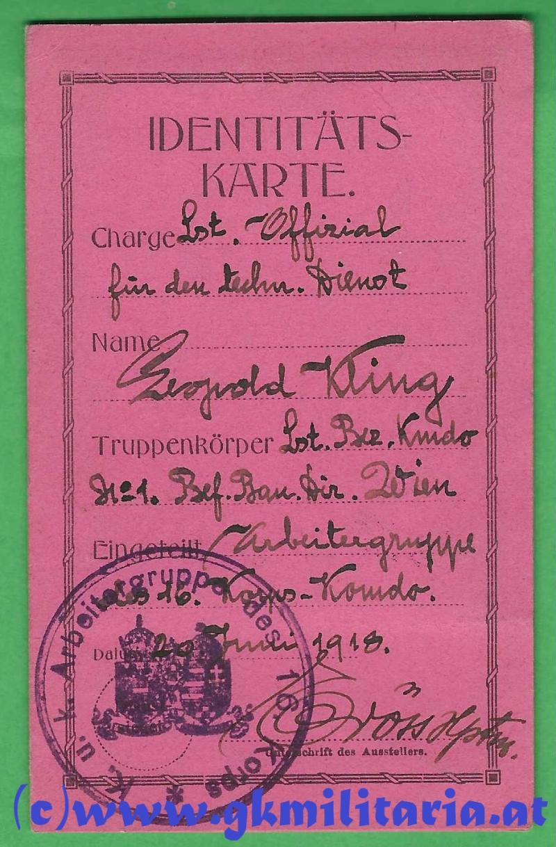 k.u.k. Identitätskarte Ldst. Offizial Leopold Kling Arbeitergruppe des 16. Korpskommando - FP 374 PIAVEFRONT!