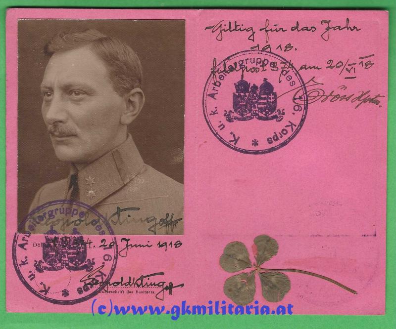 k.u.k. Identitätskarte Ldst. Offizial Leopold Kling Arbeitergruppe des 16. Korpskommando - FP 374 PIAVEFRONT!