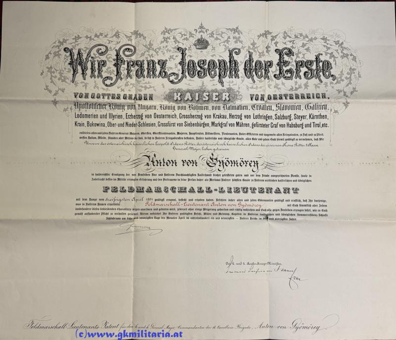 k.u.k. Feldmarschallleutnants-Patent Anton Gyömörey von Gyömöre und Teölvár, Anton - Kmdt. der 18. Kavallerie-Brigade!!