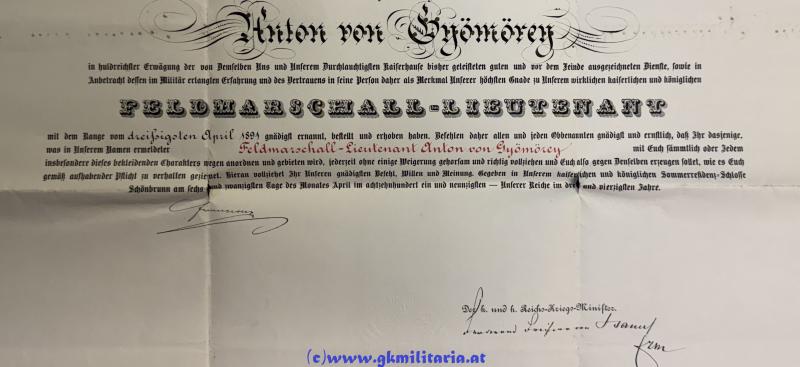 k.u.k. Feldmarschallleutnants-Patent Anton Gyömörey von Gyömöre und Teölvár, Anton - Kmdt. der 18. Kavallerie-Brigade!!