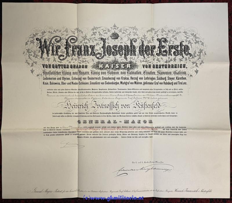 k.u.k. Generalmajor-Patent Heinrich Ivanossich von Küstenfeld - im Otocaner Infanterieregiment Graf Jellacic Nr. 79 - Kmdt. Infanterie-Brigade!!