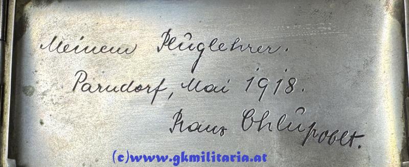 k.u.k. Zigarettentabatiere k.u.k. Luftfahrtruppe - Beobachter u. Feldpilot Oblt. Chlup Franz ! Flek 7 Parndorf!!